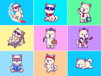 Kishu dog🐕🎨💼🎸 animal activity animal working beach cute diving dog dog breed hobby icon illustration japan japan dog kishu dog logo music reading book sleepy dog summer vibes surfing