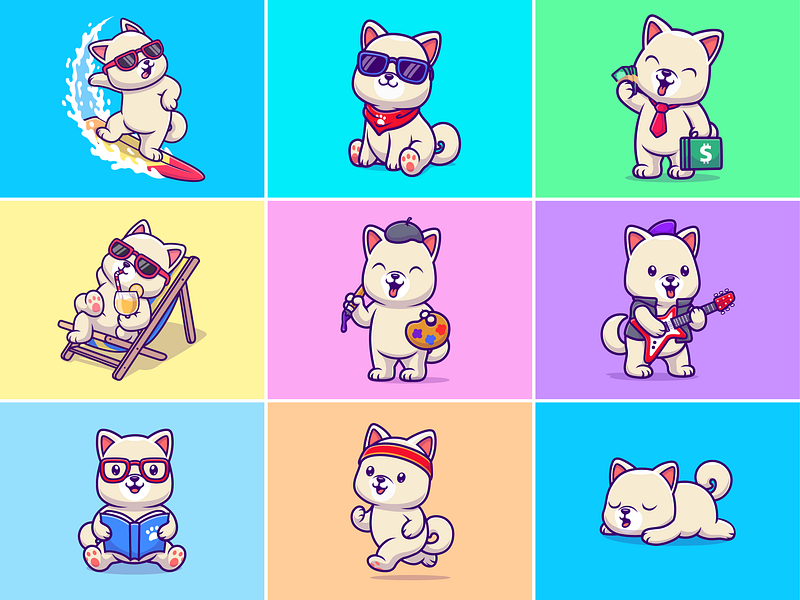 Kishu dog🐕🎨💼🎸 animal activity animal working beach cute diving dog dog breed hobby icon illustration japan japan dog kishu dog logo music reading book sleepy dog summer vibes surfing