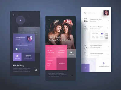 Event Planner App. app calendar clean dark date details event gift invitation list management map mobile picture profile search shop task ticket ui