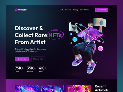 NFT Marketplace Landing Page (Ortisto) bitcoin blockchain crypto cryptocurrency dark home page landing page marketplace nft nft artist nft market nfts token trendy ui ui design ux web webdesign website design