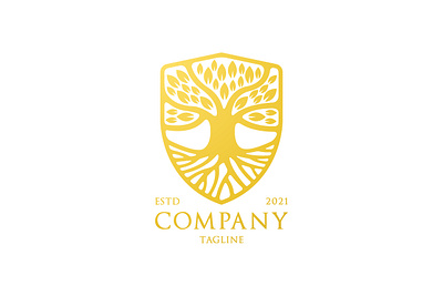 Tree Shield Logo branding company design exclusive gold golden guard identity illustration logo luxury plant root royal secure shield tree vector