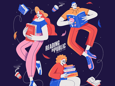 Reading in Public / Illustration art books character characters coffee color colorful design flat friends illustration illustrator palette people procreate public reading texture