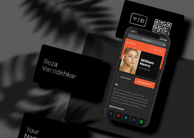 Digital vcard OVOU project. Dark / black theme. Digital Business add to contact black branding card design contact sharing dark theme graphic design logo profile share contact ui vcard web