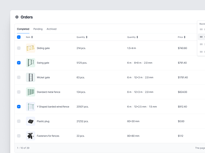 Orders - Table component buttons checkbox column component components context menu dashboard gates headers interface menu product design quantity row table table component tabs ui ux web design