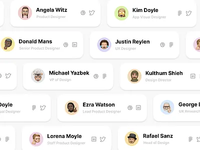 Designers network app avatar branding card design designer figma illustration link network profile site snippet snippets twitter ui user user cards ux web