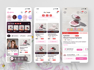 Gincu - Skincare E-commerce Platform app beauty app clean cosmetic app cosmetics creme design e commerce makeup makeup products mobile mobile design online organic skincare product design shopping app skin care treatment ui uiux