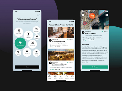 Wow app app booking bubble cards category description favorites icons list mobile recommendations restaurant travel ui