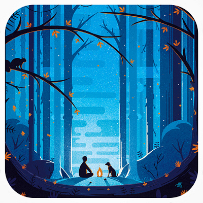 Camping in the woods adventure blue bold bonfire camping color palette colorful contemporary dark digital painting dog fire illustration love minimalistic mystery night picnic raw woods