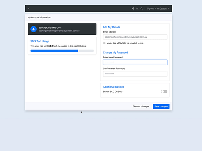 Desktop SMS Platform - User Account Configuration interface