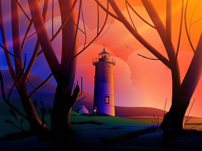 Lighthouse bird branchs coastal evening illustration landscape light lighthouse lights nature tree vector