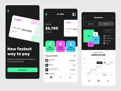 Mobile UX/UI concept for Settle | FinTech Banking App analytics app applicaiton blue branding dashboard design finance fintech fulcrum green inspiration pink ui ux