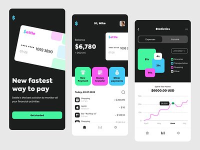 Mobile UX/UI concept for Settle | FinTech Banking App analytics app applicaiton blue branding dashboard design finance fintech fulcrum green inspiration pink ui ux