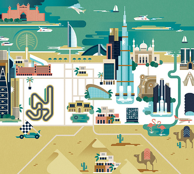 Dubai cityscape digital editorial folioart illustration map sally caulwell travel vector