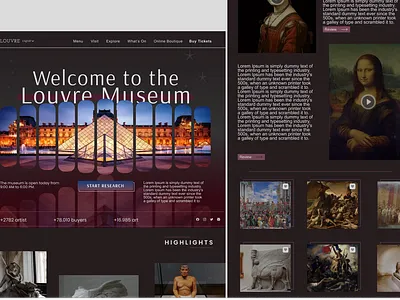 Louvre Museum Landing Page — More Screens art branding concept desing elegant exhibition gallery graphic design history landing logo louvre menu bar museum page trendy typographi ui ux web