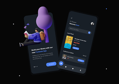 Funbook App Exploration 3d illustration bookstore clean colors daily ui dark mode dark theme dark ui design design interface graphic ios minimal mobile app product design ui design uiux usability user interface ux