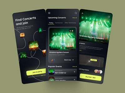 Concerts Book - App Design app batix clean concert dark ui design event app events festival minimal mobile app mobile design music festival party singers social ticket ui app ui design ui ux