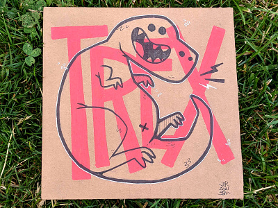 T-REX on cardboard blake stevenson cardboard cartoon character design cute design dinosaur hand lettering handmade illustration jetpacks and rollerskates logo retro simple t rex thick lines trex