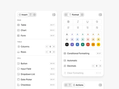 Side Panel actions clean color counter desktop edit format formatting icon insert keyboard minimalist modal options panel sidepanel tab tabs text toggle
