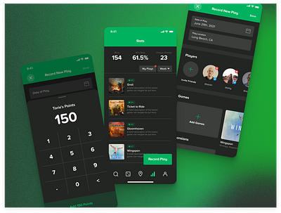 Board Game App – Stats Pages board game calculator cardboard companion dark mode game gradient green ios mobile app profiles proxima soft record stats stats
