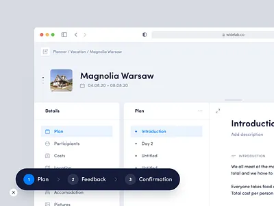 Vacation Planner - Desktop app app builder cards clean dashboard design interface jira management minimal onboarding page steps tasks tool trello ui ux widelab workspace