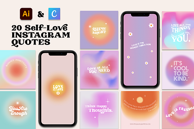 20 Instagram Self-Love Quotes & Gradients for Illustrator +Canva gradients instagram instagram quotes neon retro social media