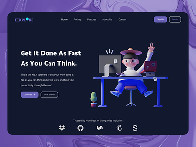 Explore — Hero Header Design / Dark Mode 3d 3d illustration 3d landing page abstract clean dark mode design graphic design hero header landing page design minimal typography ui user interface ux visual design webdesign website work space