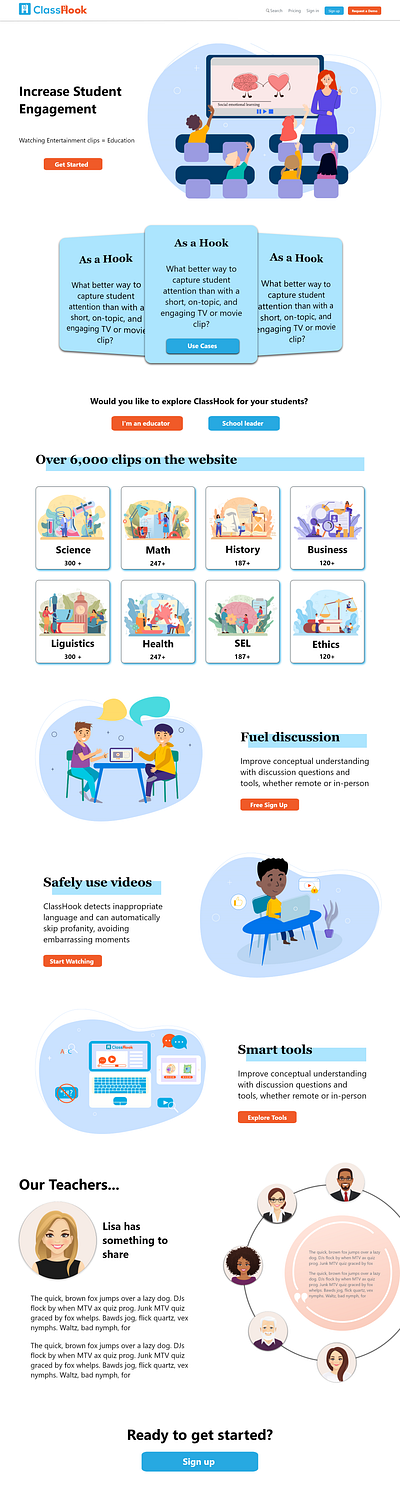 Lending page of educational website