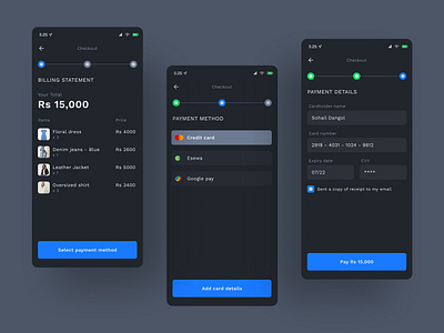 Credit card checkout | Daily UI 002 002 app design application checkout checkout ui daily ui dailyui 002 dark theme darkui design minimal mobile app progress ui uiux