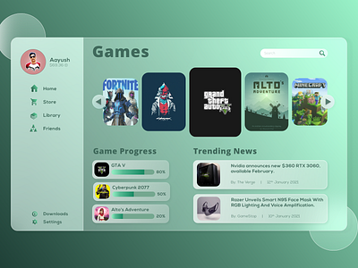 Game Launcher UI adobe xd card design concept gaming glass glassmorphism gradient color gradient logo green