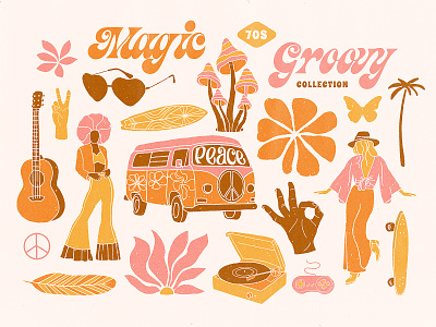Retro Groovy Collection 70s 80s groovy handcrafted illustration hippie aesthetic psychedelic illustration retro retro illustration vintage