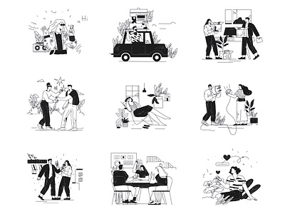 Lineart style set illustrations 404 adobe illustrator black and white business character design drawings flat illustration landing illustrations line art sketches teamwork ui vector