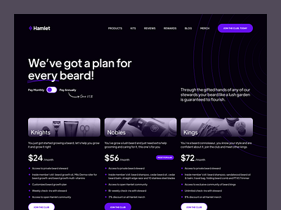 Hamlet – Pricing Page / XPLRTN 003 beard community dark dark mode grooming landing page marketing website men minimalist pricing pricing page pricing plans pricing table purple subscription typography ui ux web design website design