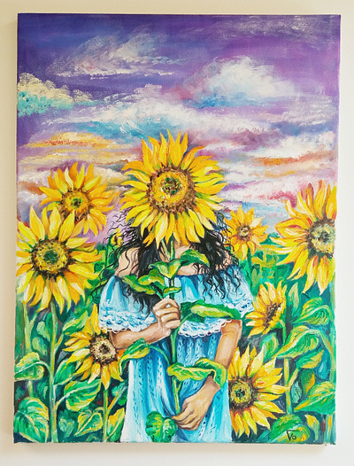 Floral oil painting on canvas. Sunflowers and a girl. 9 Yellow f art canvas girl hand painted handmade illustration oil painting sunflower