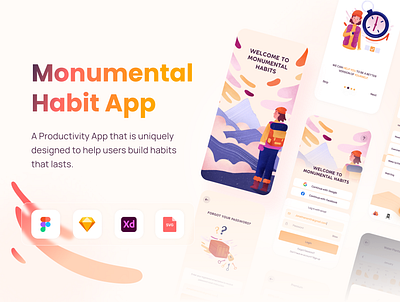 Monumental Habit App UI Kit camping free illustrations free ui design free ui kit freebies habit app monumental habit app mountain ui design ui kit