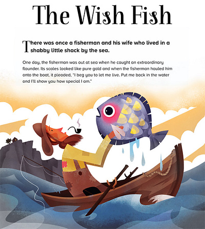 The Wish Fish boat fairy tale fish fisherman fishing illustration kids man sea waves