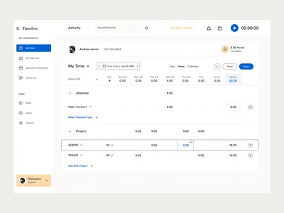 Time Management app ui branding clean dashboard hours product design profile project management time entry time management todo ui ui ux user experience ux web app