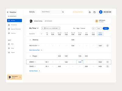 Time Management app ui branding clean dashboard hours product design profile project management time entry time management todo ui ui ux user experience ux web app