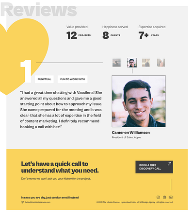 Reviews/Testimonials Section (The Infinite Canvas) brand agency brand agency website design agency design agency website feedback landing page marketing website design product design reviews testimonials the infinite canvas ui design ux agency ux design webdesign