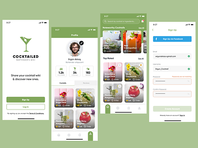 Cocktail App alcohol barmen bartender branding cocktail drink graphic design green icon icons logo mobile app profile refreshment search sign in sign up tab bar ux