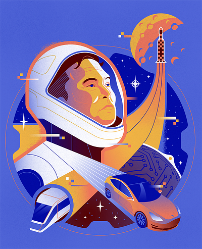 Elon Musk art astronaut digital art editorial illustration elon musk entrepreneur falcon heavy graphic design hi tech hyperloop illustration portrait retro space spacex tech illustration tesla texture vector