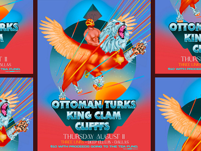 Ottoman Turks • King Clam • Cliffs Show Poster Dallas 2022 airbrush design gigposter gigposters illustration luchador pegasus poster posters retro scifi shusei nagaoka typography