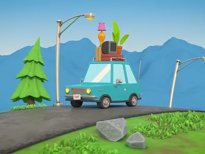 Moving Day 3d animation c4d car cinema 4d illustration journey motion design motion graphics render road road trip vroom wagon