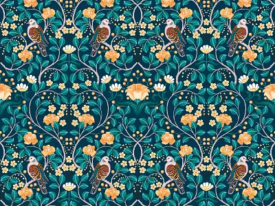 Turtle Doves Pattern - Emerald art licensing birds botanical colorful colors doves floral flowers green illustration illustrator leaves pattern surface pattern design symmetry texture turtle doves