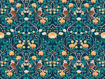 Turtle Doves Pattern - Emerald art licensing birds botanical colorful colors doves floral flowers green illustration illustrator leaves pattern surface pattern design symmetry texture turtle doves