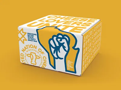 Influencer Packaging Concept agency ambassador badge barn box campaign cheese cow dairy farm fist icon influencer package packaging print quilt revolution wisconsin yellow