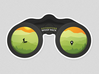 Adventure Woof Pack - Geocaching Activity Sticker activity adventure adventure woof pack binoculars design dog geocaching illustration landscape nature outdoor sticker vector woof pack