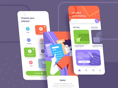 Reading App Design Concept app design book colorful concept flat illustration graphic design illustrations interface landing page mobile mobile apps purple reader reading app ui uiux user interface