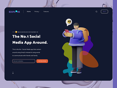 Explore — Hero Header Design / Dark Mode 3d 3d illustration abstract artwork branding clean design graphic design hero header illustration landing page design minimal mobile navigation product design typography ui ux webdesign website