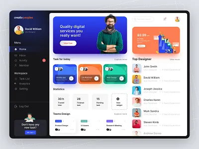 Dashboard - Task Management analytics cpdesign creativepeoples daily task data graph manager minimalist project project management statistics stats task task management tasks team manager trending user interface web web design