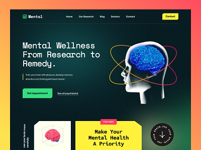 Mental Health Websites 🧠 brain doctor emotions gradient graphic design health tech healthcare healthy illustration landing page medical mental mental health mindfulness psychedelia stressful ui ux web design website